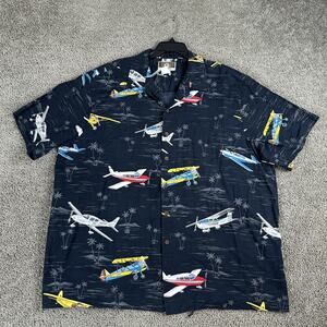 Kalaheo Hawaiian Shirt Mens 2XL Navy Aloha Airplane Print Button Front Made USA